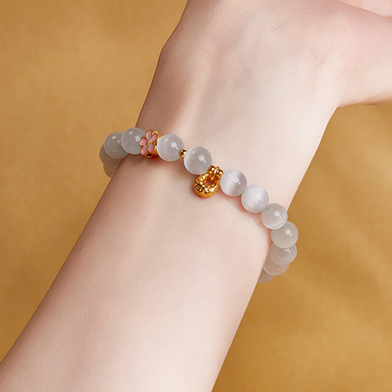 Nimara Ritual 925 Sterling Silver Peach Blossom Lucky Bag White Cat's Eye Luck Bracelet