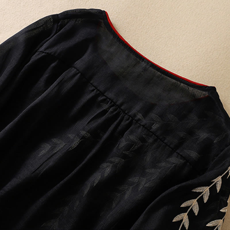 Nimara Ritual Embroidery Leaves Women's Half Sleeve T-shirt