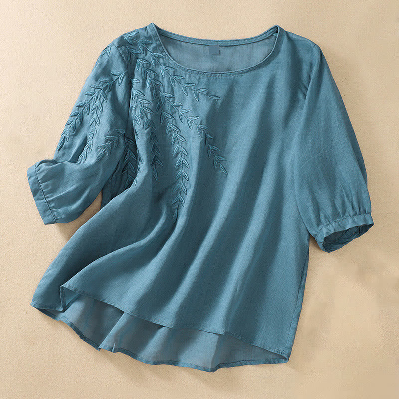 Nimara Ritual Embroidery Leaves Women's Half Sleeve T-shirt