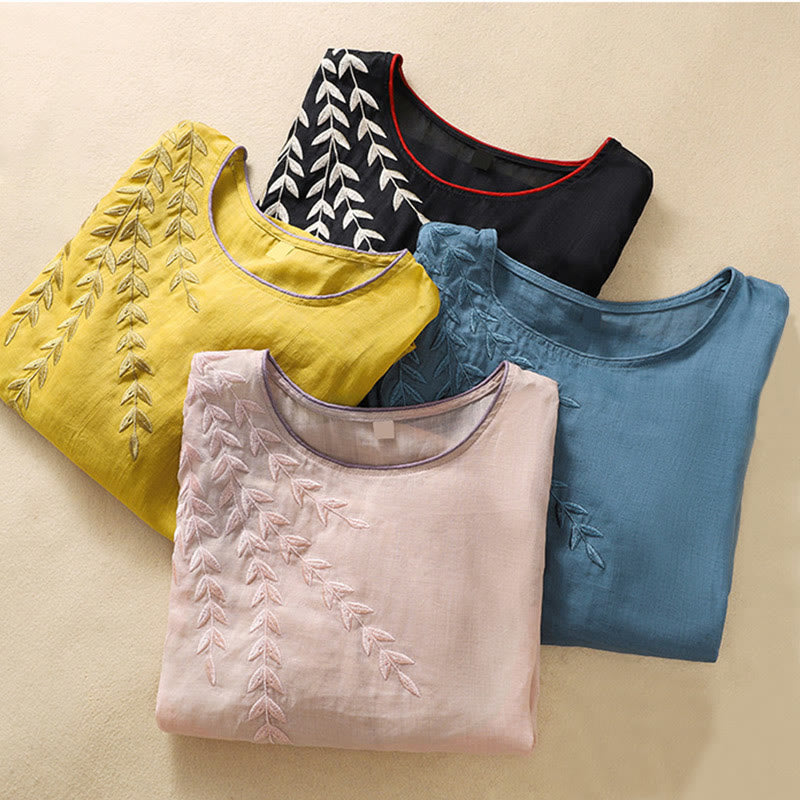 Nimara Ritual Embroidery Leaves Women's Half Sleeve T-shirt