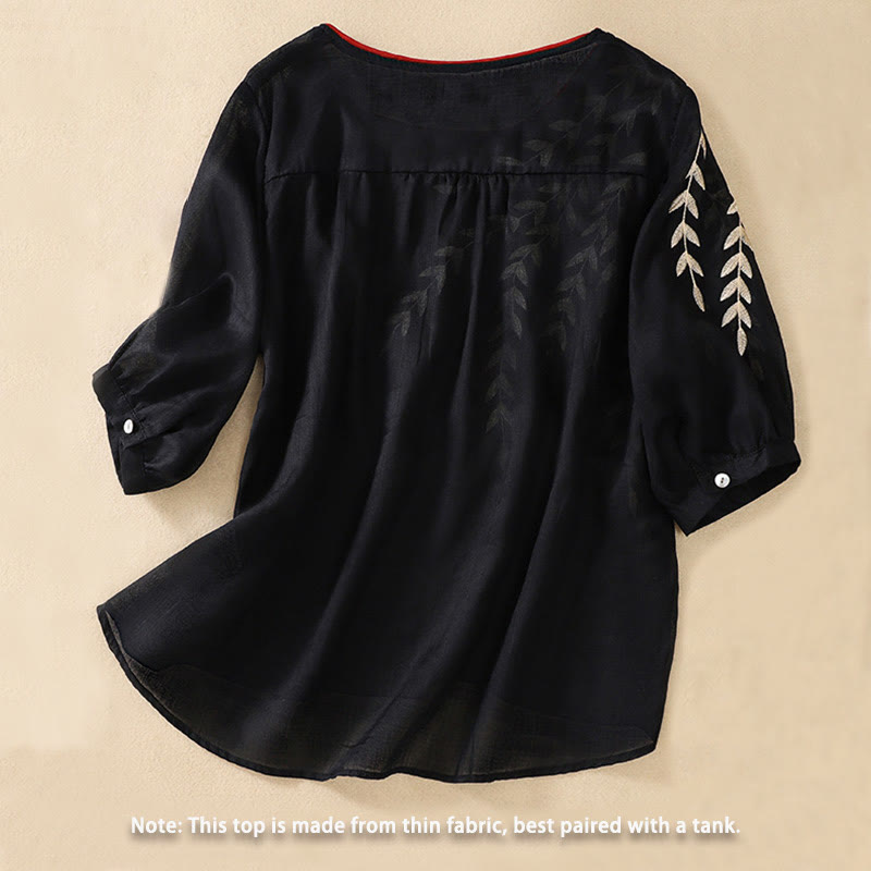 Nimara Ritual Embroidery Leaves Women's Half Sleeve T-shirt