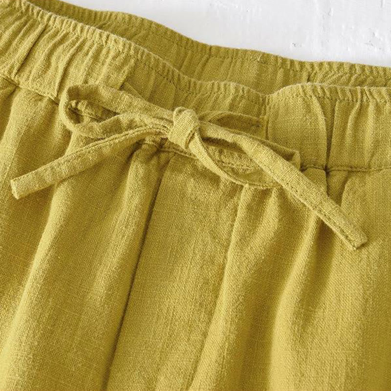 Nimara Ritual Summer Solid Color Drawstring Elastic Waist Men's Ramie Linen Cotton Shorts With Pockets