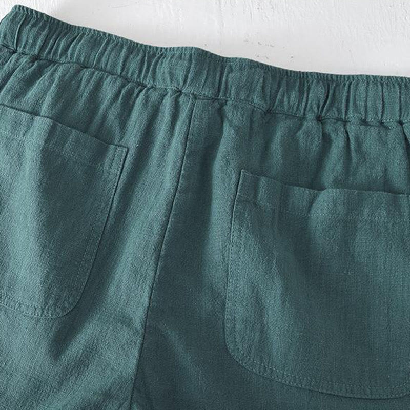 Nimara Ritual Summer Solid Color Drawstring Elastic Waist Men's Ramie Linen Cotton Shorts With Pockets