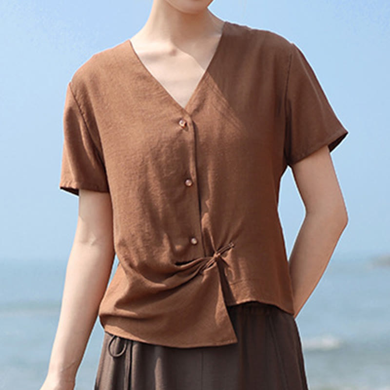 Nimara Ritual Button Irregular Design V-Neck Cotton Linen Women's Short Sleeve Shirt