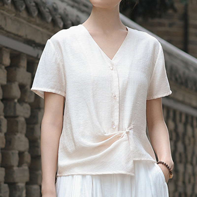 Nimara Ritual Button Irregular Design V-Neck Cotton Linen Women's Short Sleeve Shirt