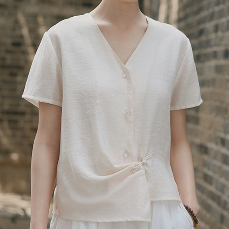 Nimara Ritual Button Irregular Design V-Neck Cotton Linen Women's Short Sleeve Shirt