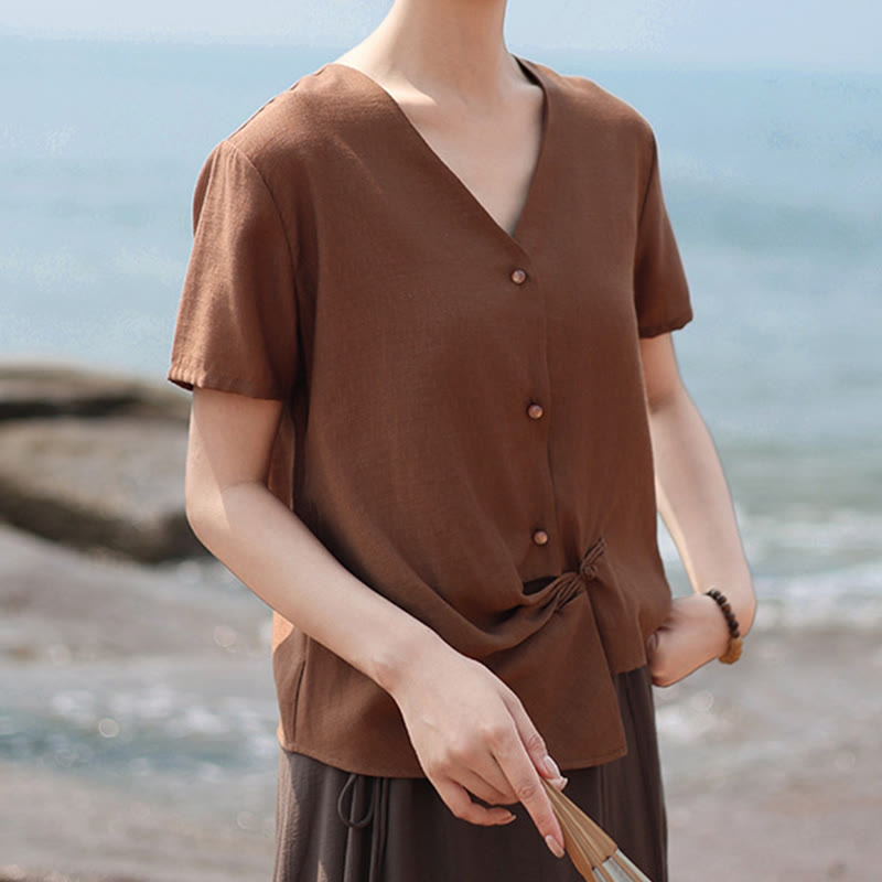 Nimara Ritual Button Irregular Design V-Neck Cotton Linen Women's Short Sleeve Shirt