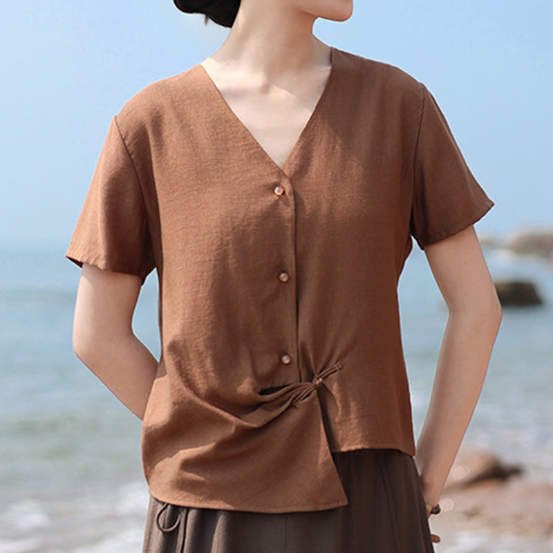 Nimara Ritual Button Irregular Design V-Neck Cotton Linen Women's Short Sleeve Shirt