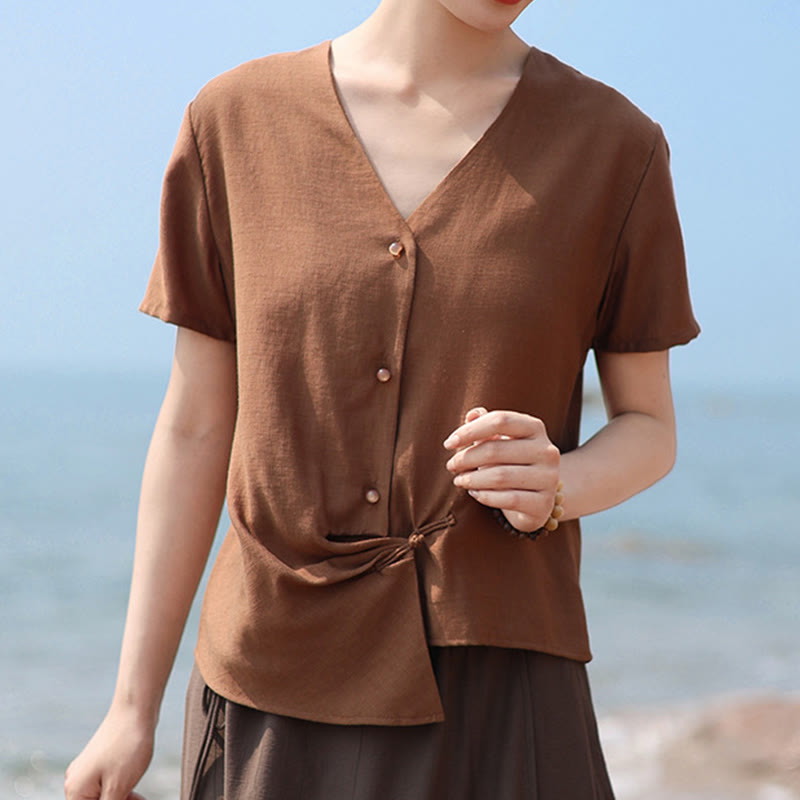 Nimara Ritual Button Irregular Design V-Neck Cotton Linen Women's Short Sleeve Shirt
