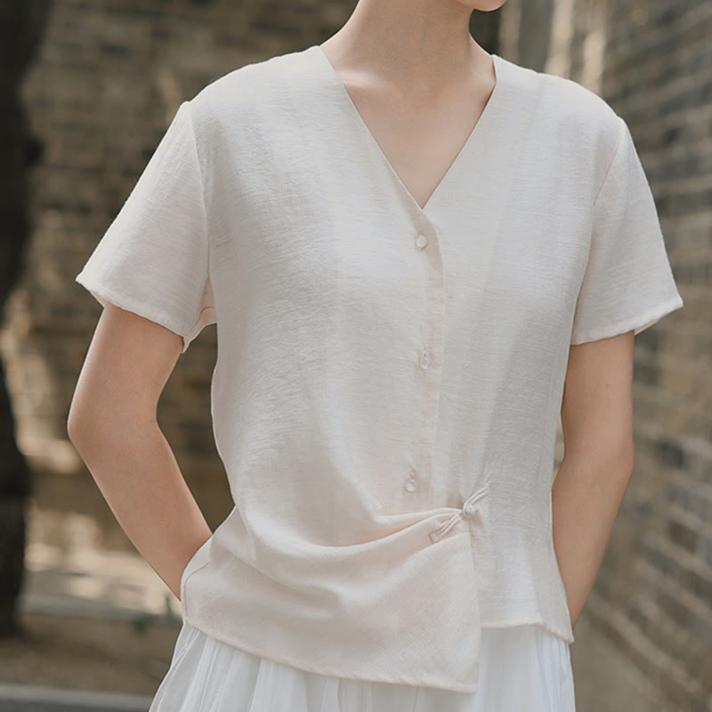 Nimara Ritual Button Irregular Design V-Neck Cotton Linen Women's Short Sleeve Shirt