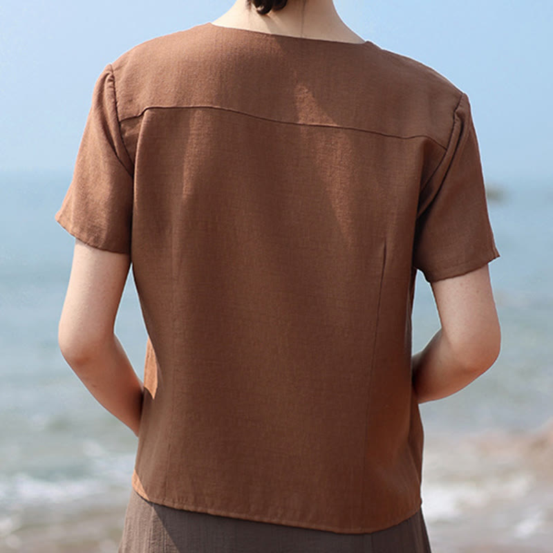Nimara Ritual Button Irregular Design V-Neck Cotton Linen Women's Short Sleeve Shirt
