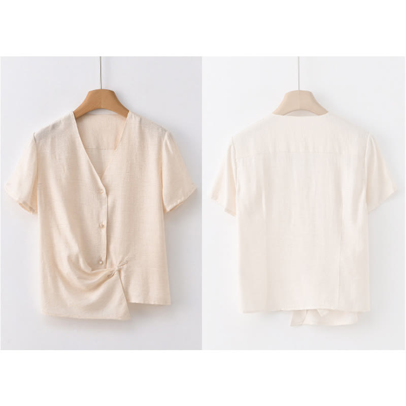 Nimara Ritual Button Irregular Design V-Neck Cotton Linen Women's Short Sleeve Shirt