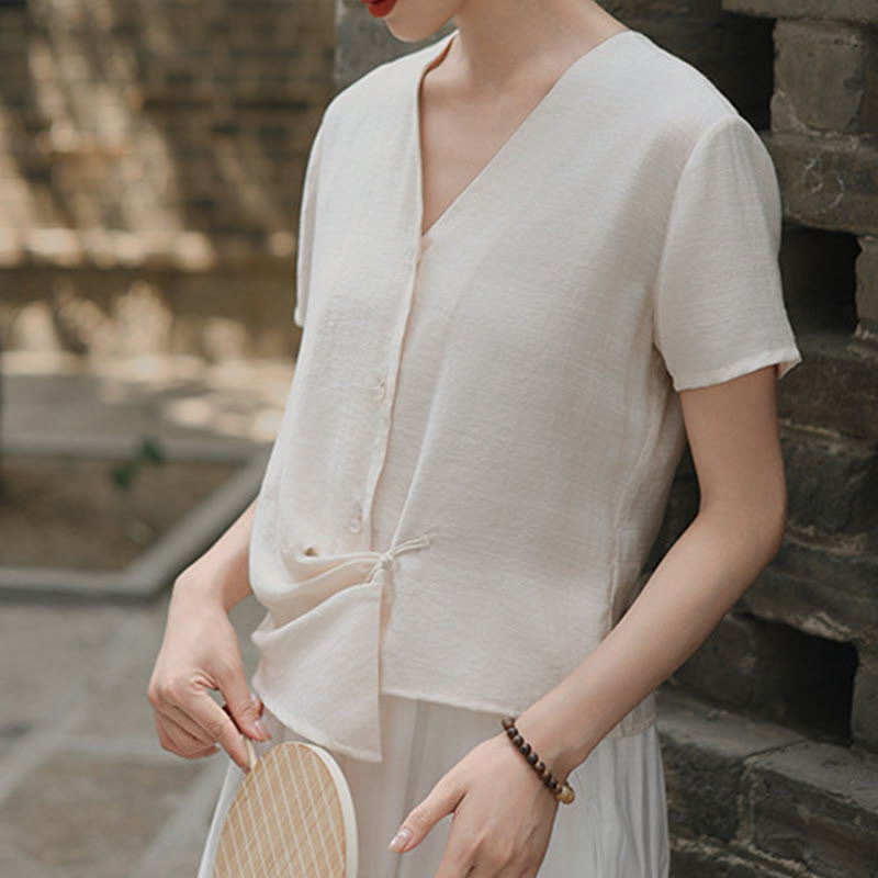 Nimara Ritual Button Irregular Design V-Neck Cotton Linen Women's Short Sleeve Shirt