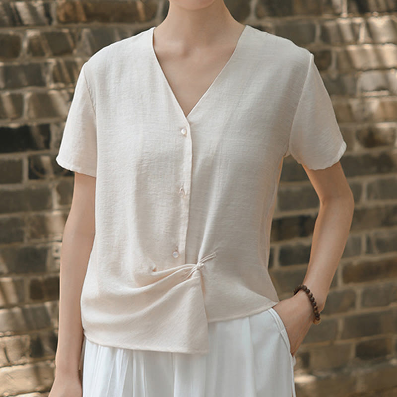 Nimara Ritual Button Irregular Design V-Neck Cotton Linen Women's Short Sleeve Shirt