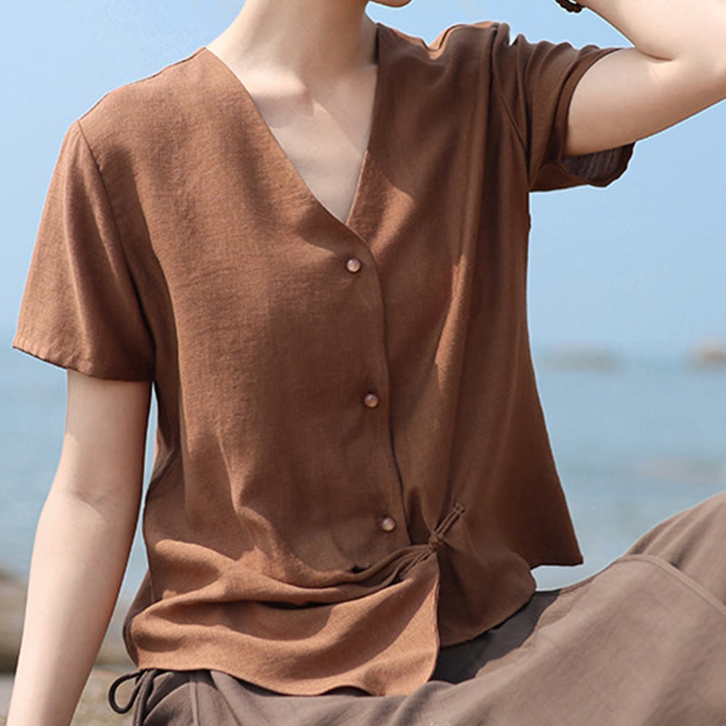 Nimara Ritual Button Irregular Design V-Neck Cotton Linen Women's Short Sleeve Shirt