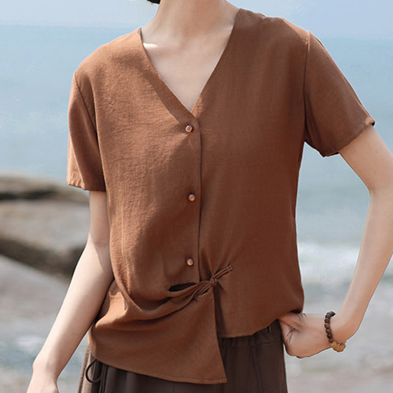 Nimara Ritual Button Irregular Design V-Neck Cotton Linen Women's Short Sleeve Shirt