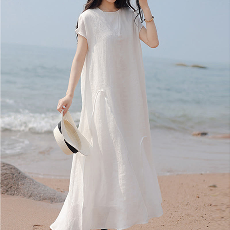 Nimara Ritual Plain Irregular Hem Short Sleeve Cotton Linen Maxi Dress