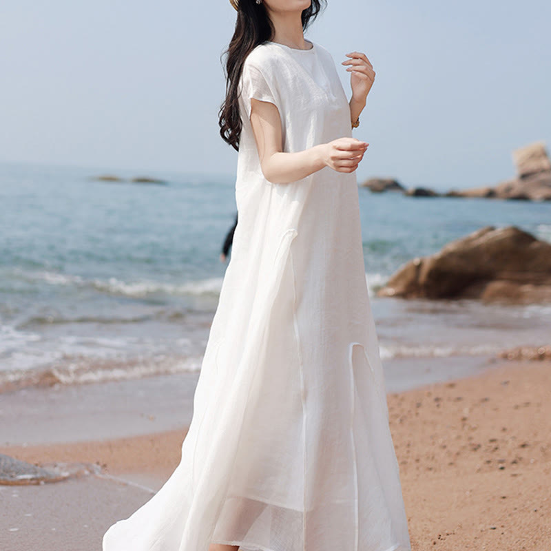 Nimara Ritual Plain Irregular Hem Short Sleeve Cotton Linen Maxi Dress