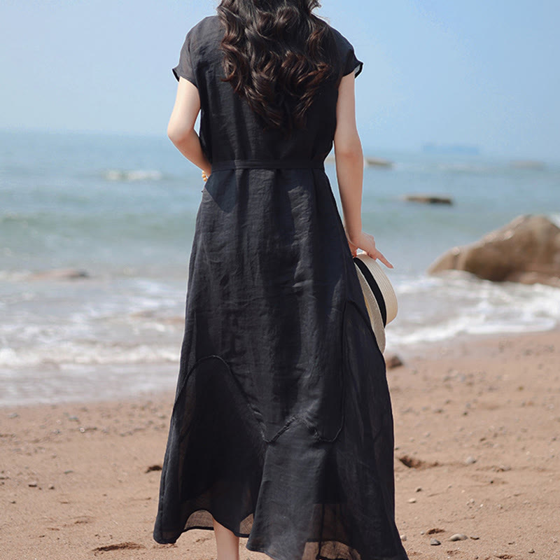Nimara Ritual Plain Irregular Hem Short Sleeve Cotton Linen Maxi Dress