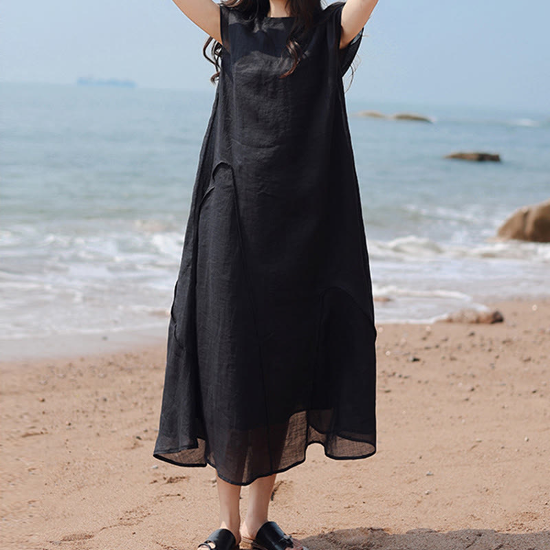 Nimara Ritual Plain Irregular Hem Short Sleeve Cotton Linen Maxi Dress