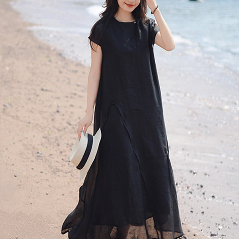 Nimara Ritual Plain Irregular Hem Short Sleeve Cotton Linen Maxi Dress