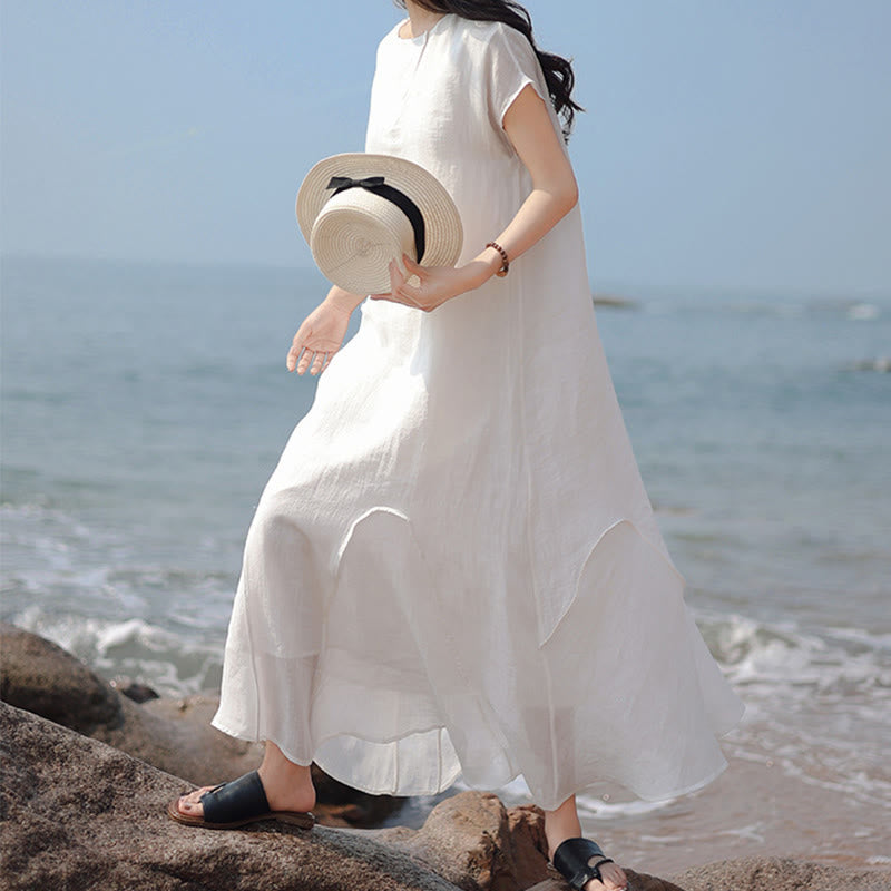 Nimara Ritual Plain Irregular Hem Short Sleeve Cotton Linen Maxi Dress