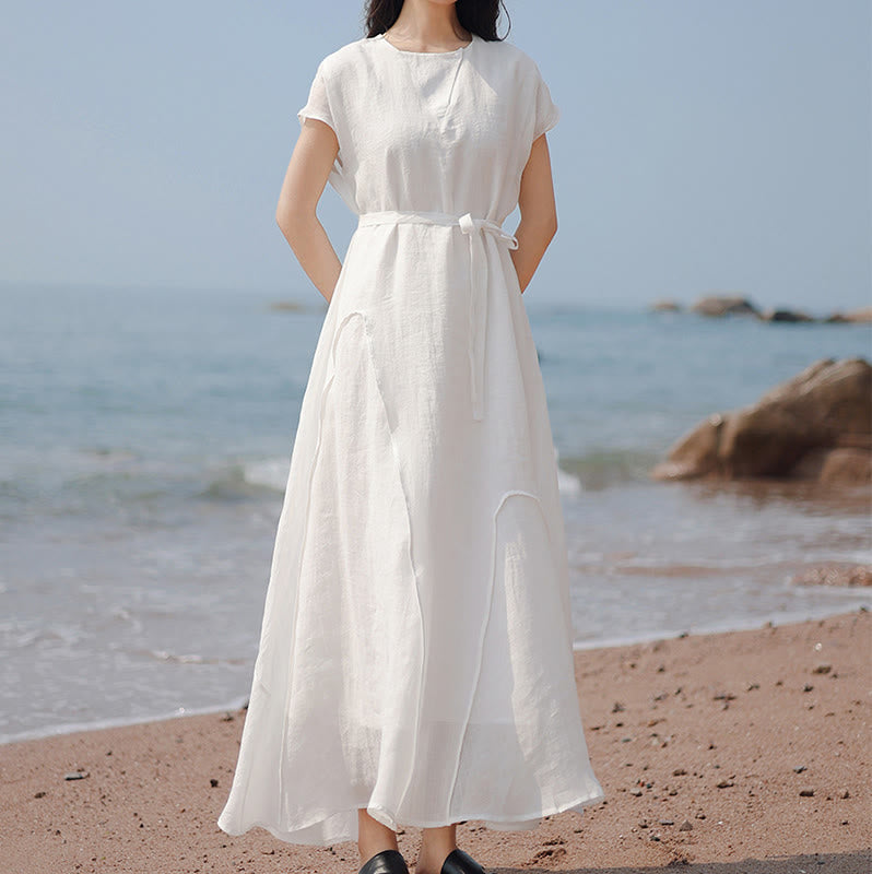 Nimara Ritual Plain Irregular Hem Short Sleeve Cotton Linen Maxi Dress