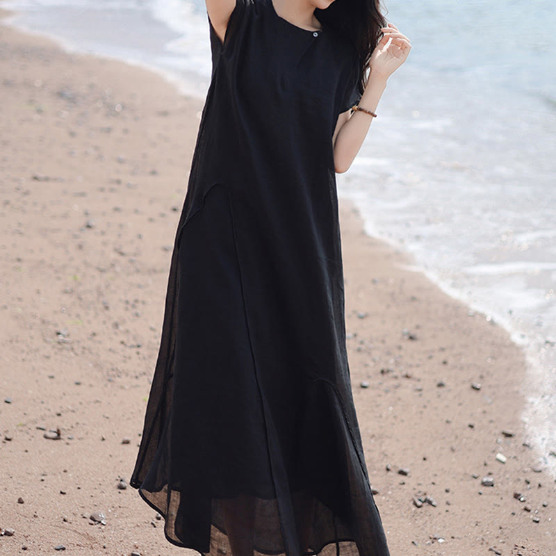 Nimara Ritual Plain Irregular Hem Short Sleeve Cotton Linen Maxi Dress