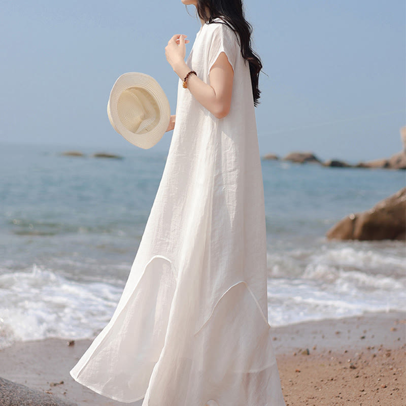 Nimara Ritual Plain Irregular Hem Short Sleeve Cotton Linen Maxi Dress