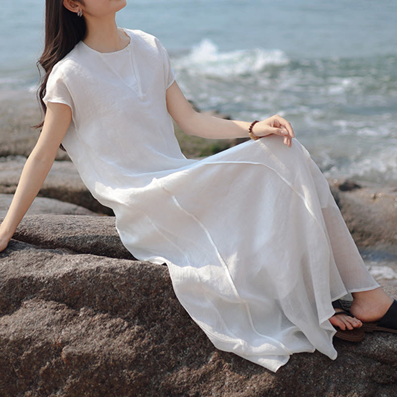 Nimara Ritual Plain Irregular Hem Short Sleeve Cotton Linen Maxi Dress