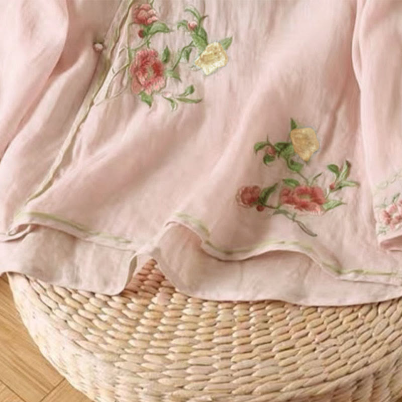Nimara Ritual Casual Vintage Embroidery Flower Pattern Chinese Frog-Button Crew Neck Design Women's Cotton Linen Shirt