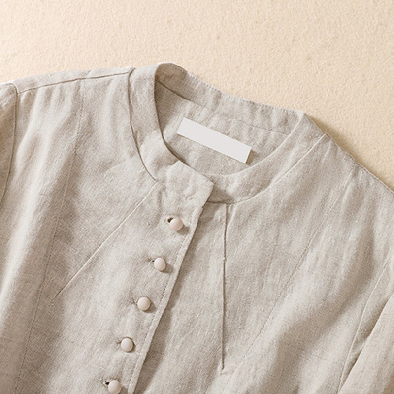 Nimara Ritual Women's Cotton Linen Stand Collar Long Sleeve Shirt With Pockets