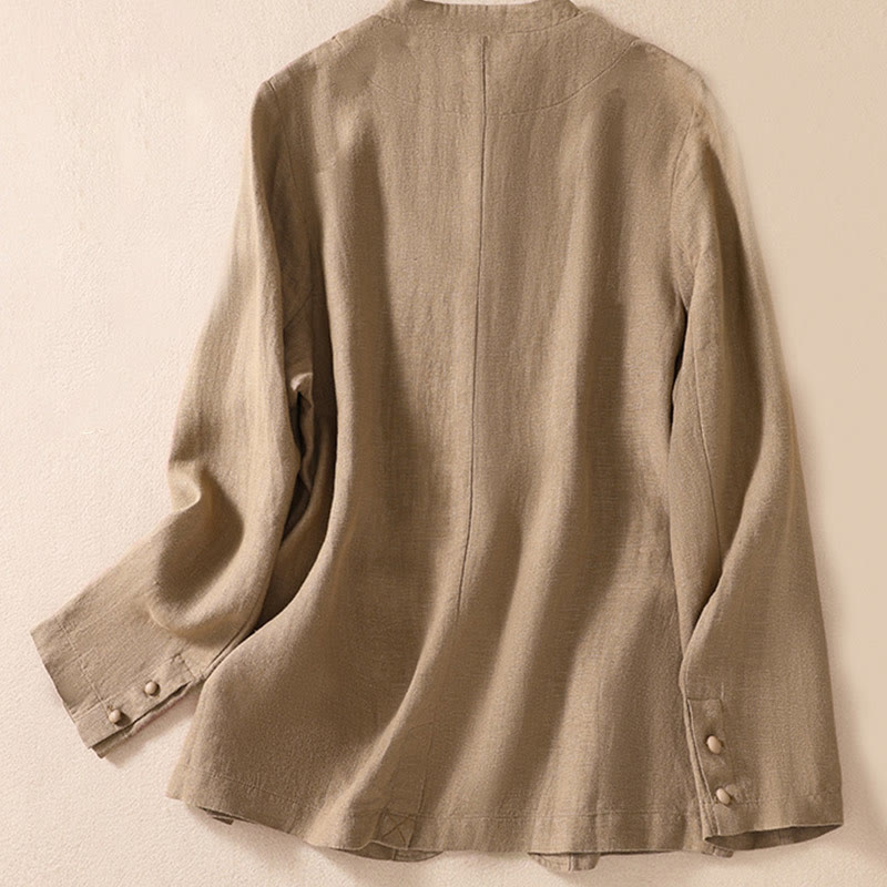 Nimara Ritual Women's Cotton Linen Stand Collar Long Sleeve Shirt With Pockets