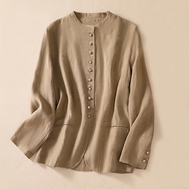 Nimara Ritual Women's Cotton Linen Stand Collar Long Sleeve Shirt With Pockets