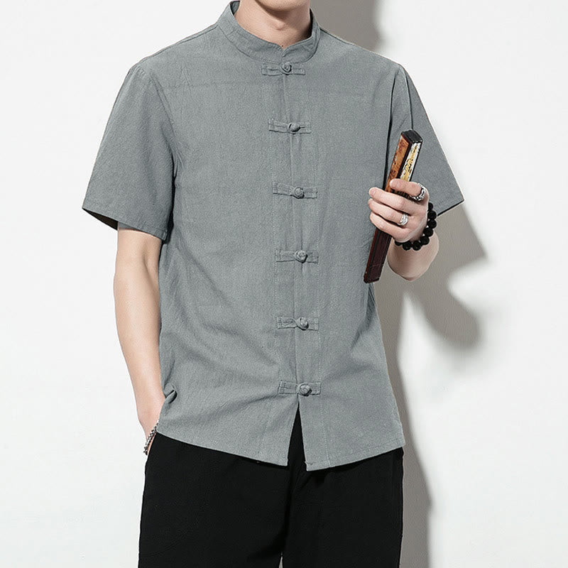 Nimara Ritual Casual Solid Color Front Frog Buttons Chinese Tang Suit Short Sleeve Linen Men's Shirt
