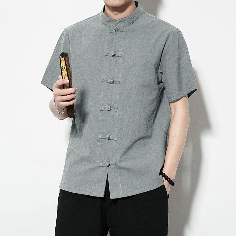 Nimara Ritual Casual Solid Color Front Frog Buttons Chinese Tang Suit Short Sleeve Linen Men's Shirt