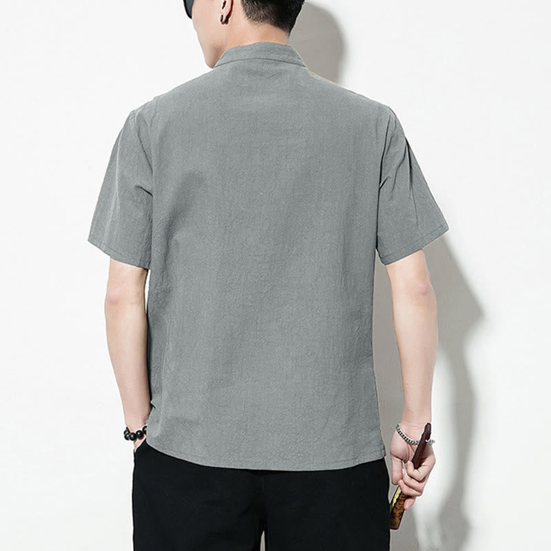 Nimara Ritual Casual Solid Color Front Frog Buttons Chinese Tang Suit Short Sleeve Linen Men's Shirt