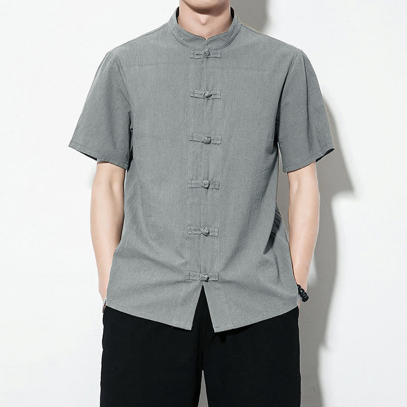 Nimara Ritual Casual Solid Color Front Frog Buttons Chinese Tang Suit Short Sleeve Linen Men's Shirt