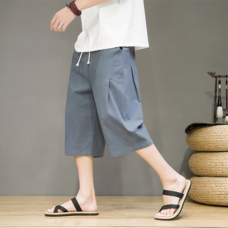 Nimara Ritual Casual Summer Drawstring Solid Color Cropped Cotton Linen Men's Harem Pants With Pockets