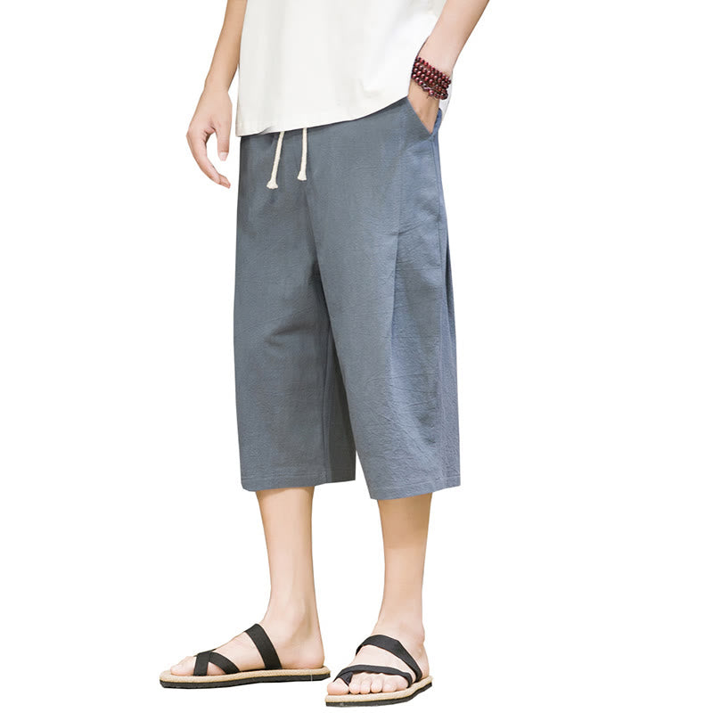Nimara Ritual Casual Summer Drawstring Solid Color Cropped Cotton Linen Men's Harem Pants With Pockets