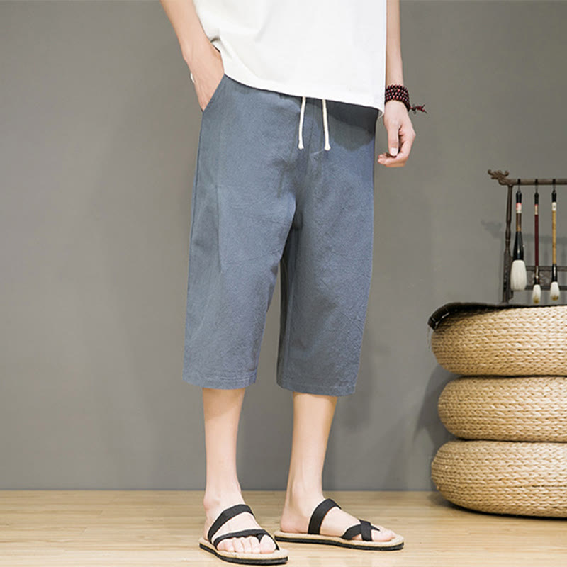 Nimara Ritual Casual Summer Drawstring Solid Color Cropped Cotton Linen Men's Harem Pants With Pockets