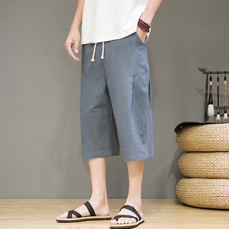 Nimara Ritual Casual Summer Drawstring Solid Color Cropped Cotton Linen Men's Harem Pants With Pockets