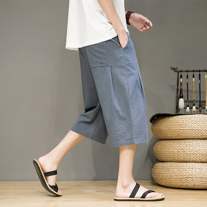 Nimara Ritual Casual Summer Drawstring Solid Color Cropped Cotton Linen Men's Harem Pants With Pockets