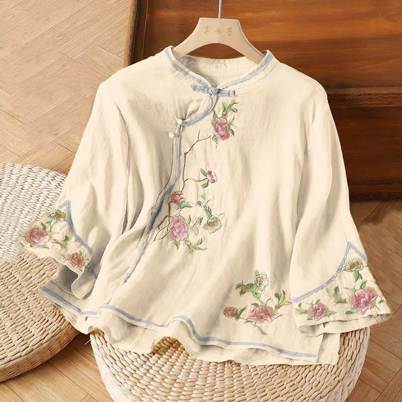 Nimara Ritual Casual Vintage Embroidery Flower Pattern Chinese Frog-Button Crew Neck Design Women's Cotton Linen Shirt