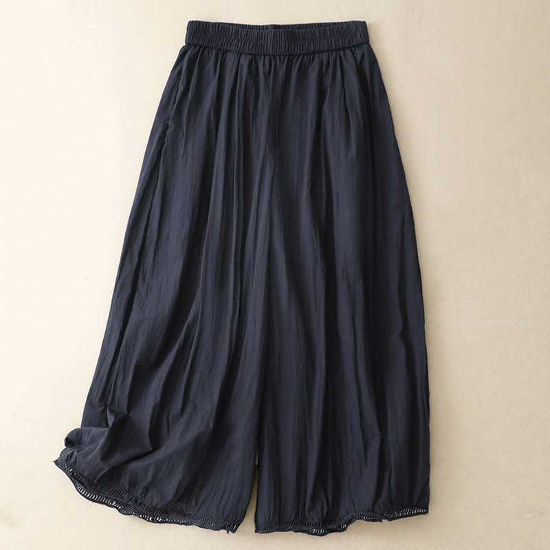 Nimara Ritual Casual Hem Hollow Design Women's Cotton 7-8 Length Wide Leg Pants With Pockets