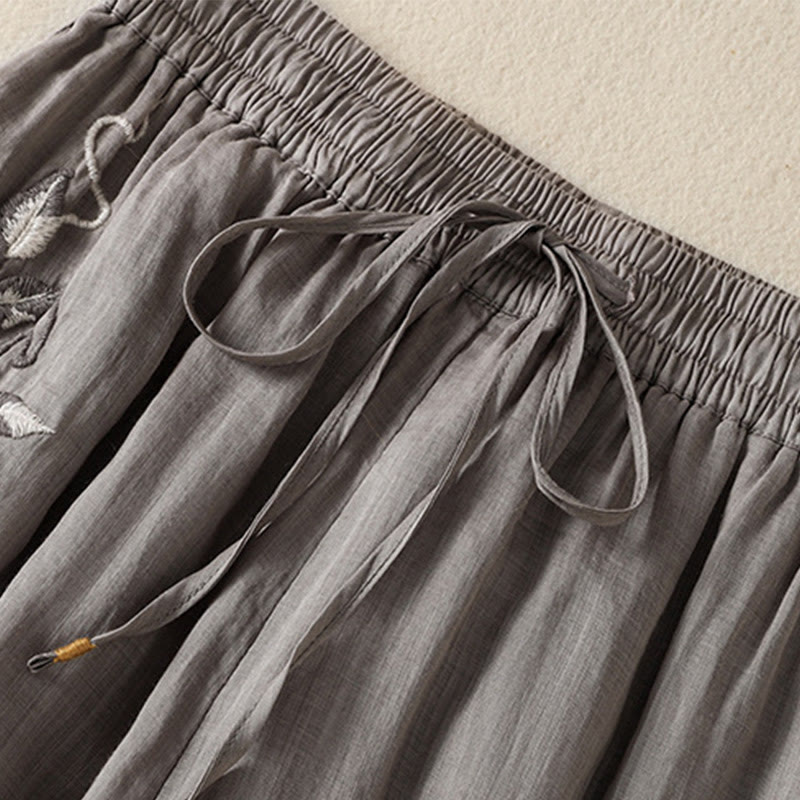 Nimara Ritual Commute Embroidery Drawstring Women's Cotton Wide Leg Pants With Pockets