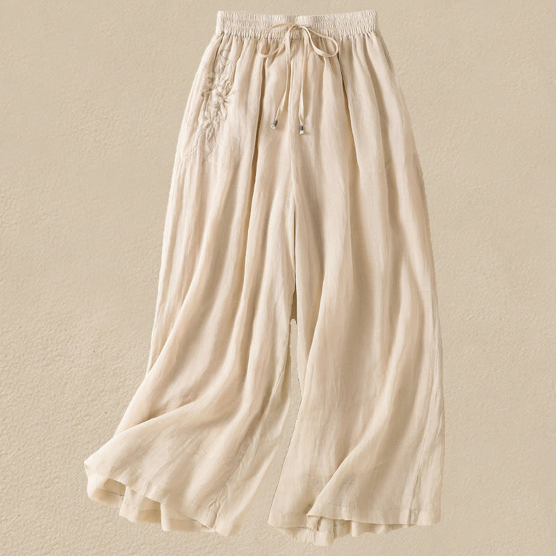 Nimara Ritual Commute Embroidery Drawstring Women's Cotton Wide Leg Pants With Pockets