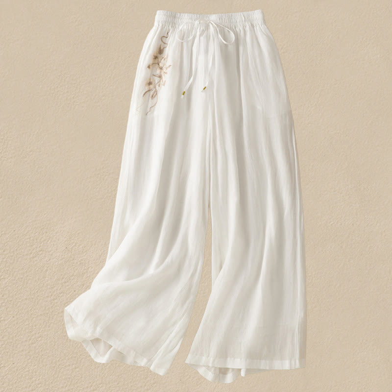 Nimara Ritual Commute Embroidery Drawstring Women's Cotton Wide Leg Pants With Pockets
