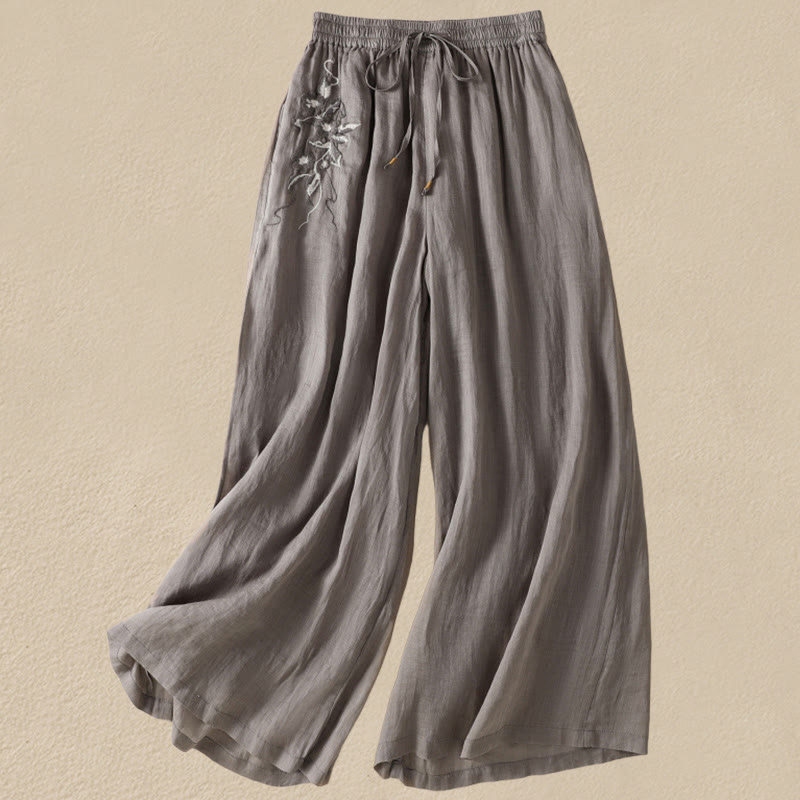 Nimara Ritual Commute Embroidery Drawstring Women's Cotton Wide Leg Pants With Pockets