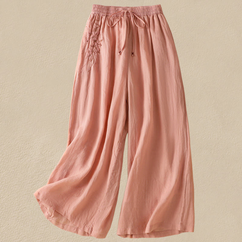 Nimara Ritual Commute Embroidery Drawstring Women's Cotton Wide Leg Pants With Pockets